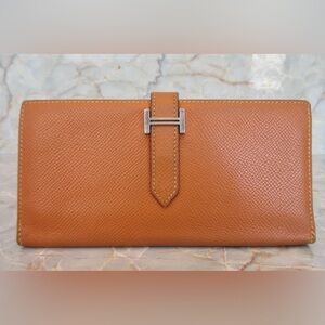 Authentic HERMES EPSOM leather Bearn Guesset long gold brown wallet
